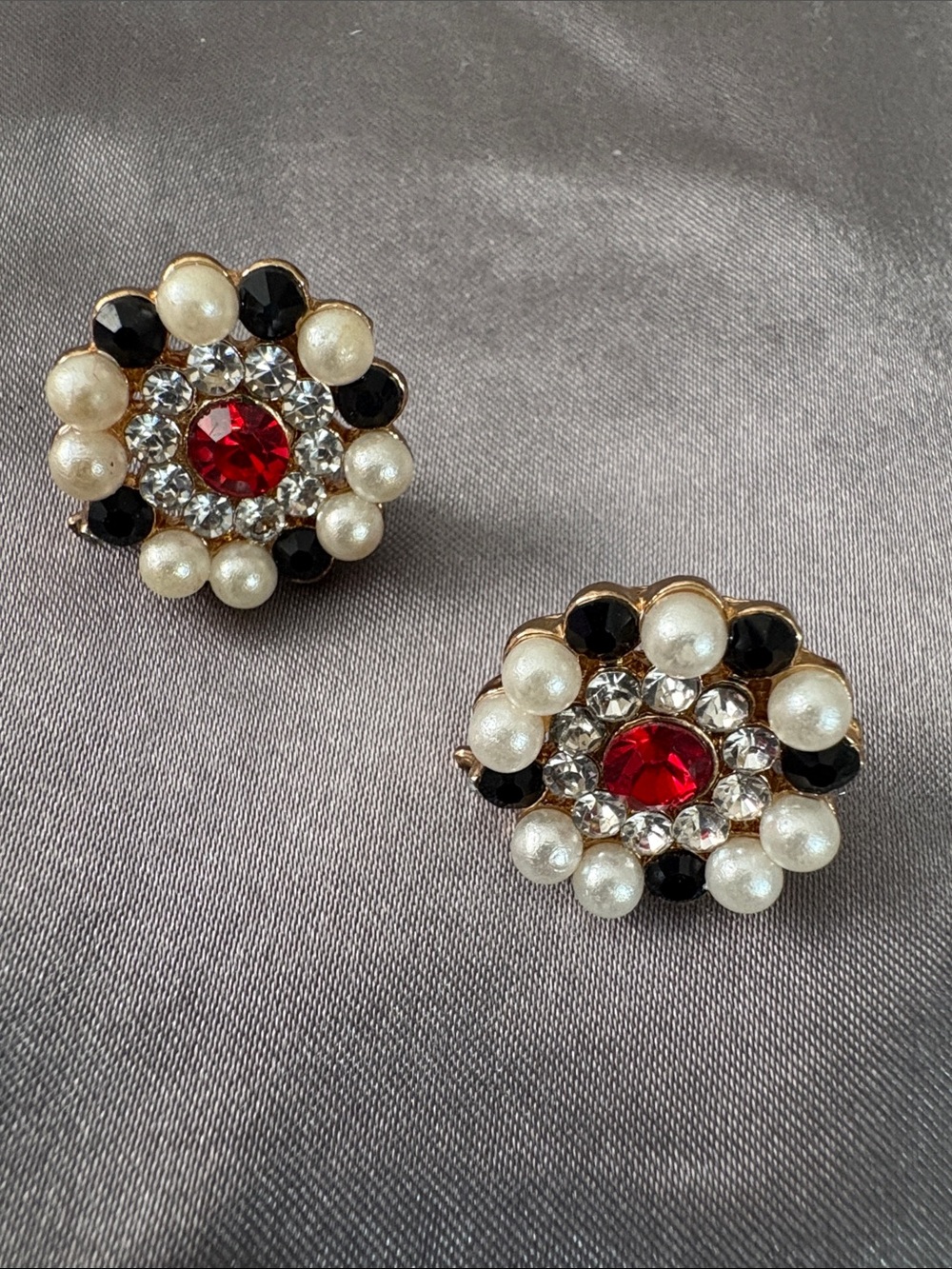 Pearl, Black and Red Cluster Earrings